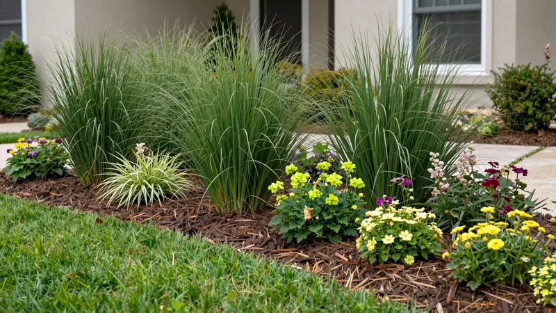 Estate Clean-Up in Collingswood, NJ — Freshly edged and mulched beds planted with ornamental grasses.