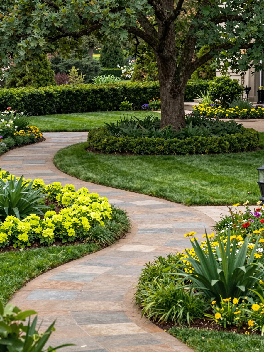 A curved walk through layered perennial plantings beneath a mature tree in Voorhees, New Jersey.